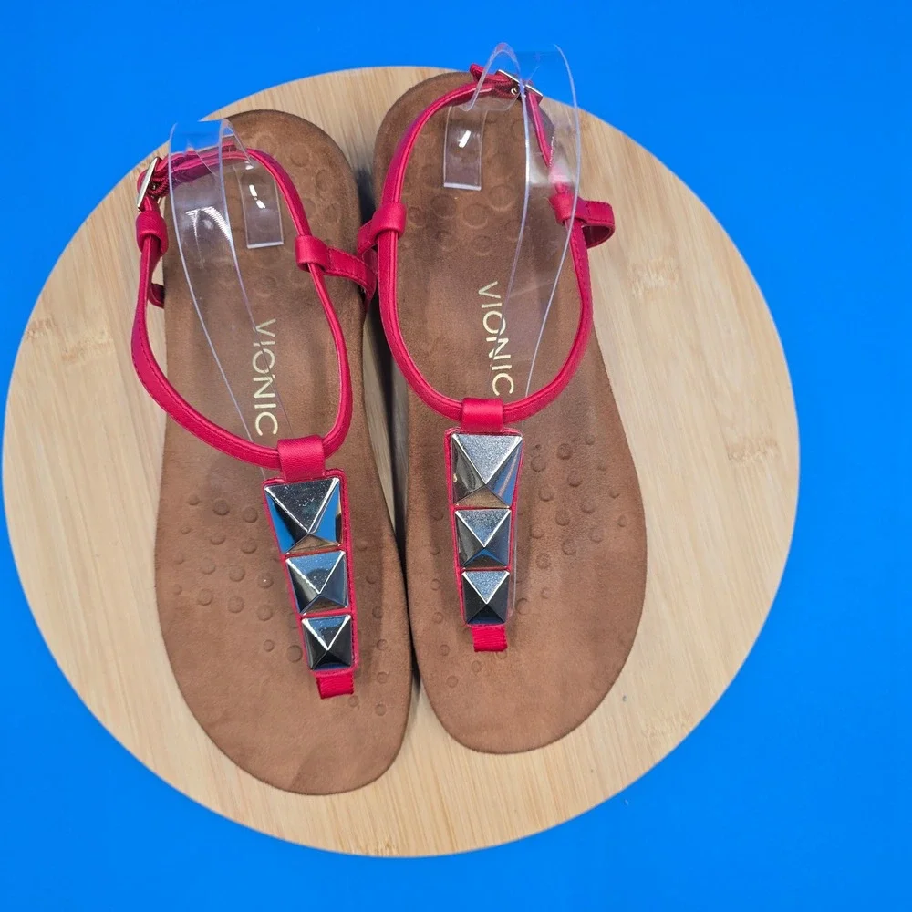 Vionic Nala Red‎ Leather Studded T-Strap Sandals Orthotic Support Womens 10